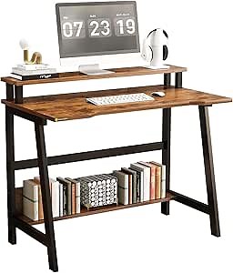 MIN WIN Office Desk Small Computer Desk 31.5 Inch Writing Study Work Desk with Storage Monitor Stand Wooden Desk for Small Spaces Modern Simple Style Home Bedroom Table - Rustic Brown