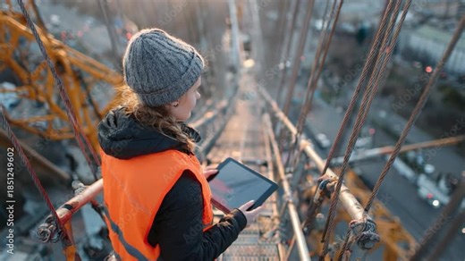 Bridge Engineer's Inspection: A focused engineer, donned in safety attire, meticulously examines the structure of a grand bridge, using a tablet to assess its integrity from a unique vantage point.