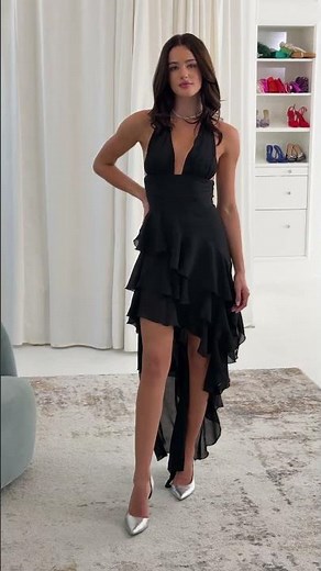 Ruffled Elegance 🖤✨ | Asymmetrical Maxi Dress