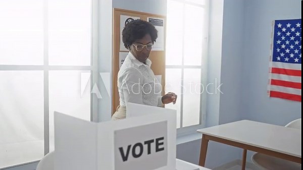 Woman voting in an american polling station with a usa flag and informational posters in the background, proudly displaying an 'i voted' sticker.