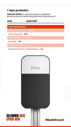 Siłownik NICE SPIDO 600 - Do bram garażowych