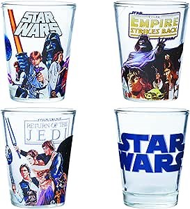 Silver Buffalo Star Wars Original Trilogy: A New Hope, Empire Strikes Back, Return of the Jedi - 4 Pack Mini Glasses Featuring Yoda, Luke, Darth Vader, Han Solo, Chewbacca, Princess Leia, Ewok, 1.5oz