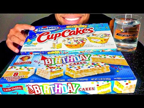 ASMR LITTLE DEBBIE BIRTHDAY CAKES CUPCAKES EATING SHOW MOUTH SOUNDS NO TALKING JERRY CANDY