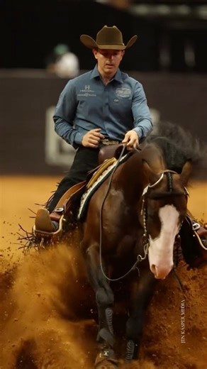 Reining’s most iconic maneuver— The sliding stop. For those who love a little research like me, this is the definition via NRHA.com > Education: ✔️ The horse accelerates and builds speed, until executing a sliding stop and coming to a complete halt in a straight line. The horse plants its hind feet, appearing to skate along in or on top of the footing (the arena dirt) for an extended distance while its front legs appear to pull the horse along the surface in a cadenced and fluid movement. The sl