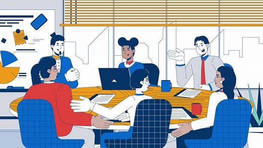 Successful roundtable discussion cartoon animation. Negotiating team colleagues 4K 2D motion graphic. Diverse coworkers at round table brainstorming animated characters on workplace background