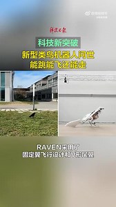 能跳能飛的新類型機器鳥。 洛桑聯邦理工學院與加州大學合作研發了一款名為 RAVEN 的鳥類仿生機器人。RAVEN 採用固定翼與 V 型尾翼的設計，並由單一螺旋槳驅動，可模仿烏鴉跳躍式的飛行模式。它利用彈簧般的腿部結構，實現跳躍、飛行與地面行走的多功能移動。這項研究成果已發表於《Nature》期刊。 https://video.weibo.com/show?fid=1034:5109660814868508 | Smart Robots 智慧機器人