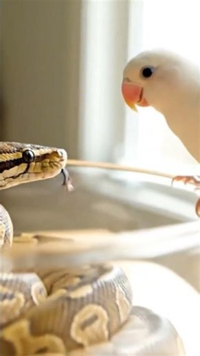 Baby Reticulated Python with White Parrot Cute Scene#reticulatedpython #snake #reptiles #parrot