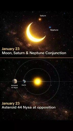 🌌✨ January 23 — A Skywatcher’s Dream Night! ✨🌌 🔭 Moon, Saturn & Neptune Conjunction On January 23, the Moon and Saturn will appear very close together in the evening sky, creating a beautiful sight for skywatchers. The Moon will pass within about 4°21′ of Saturn, making the pair easy to spot with the naked eye. 🌙🪐 Adding to the excitement, the distant planet Neptune will also be nearby. While the Moon and Saturn will be clearly visible, Neptune is extremely faint, so you’ll need binoculars 