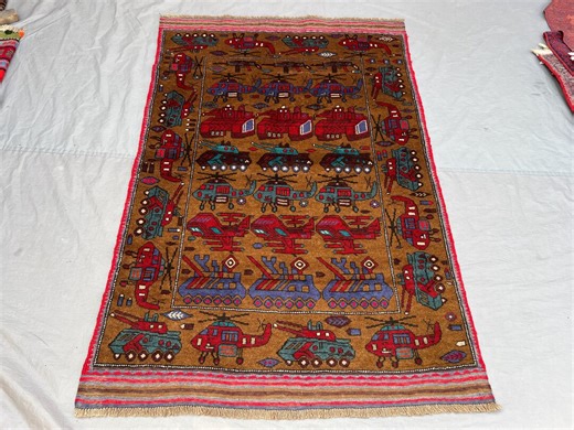 4x6 Afghan War Rug, Wall Hanging, Tank and Helicopter Pattern, Vintage Wool, Office Decor, Tribal Design, Cultural Rug, Handmade Wool Carpet - Etsy