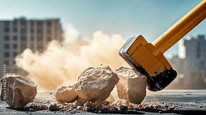 Heavy yellow hammer striking large rocks on a construction site, creating dust and debris, showcasing the power of demolition work and the impact of construction activities on urban environments