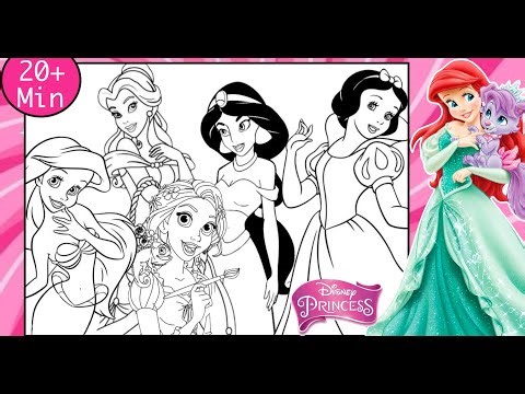 LONG Disney PRINCESSES Coloring Pages Fun Together ARIEL SNOW WHITE BELLE MULAN TIANA CINDERELLA