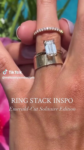 There’s something magical about stacking rings that tell your love story piece by piece. ✨ This emerald cut lab diamond engagement ring, held in elegant claw prongs, is bold and refined all at once. A modern classic with heirloom vibes. We paired it with a wide hammered gold wedding band, hand-forged in recycled gold for that organic texture we love and finished the stack with a sparkling diamond band for just the right touch of brilliance. Together, they create a look that’s timeless, intention