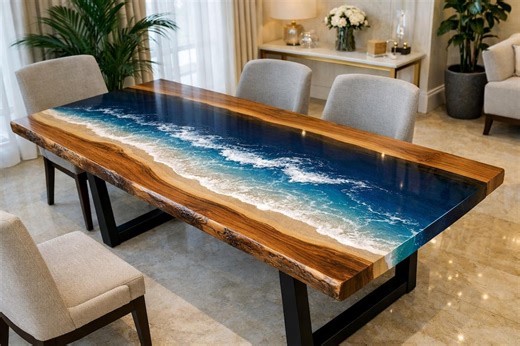 Ocean Epoxy Resin Live Edge Dining Table – Handmade Coastal Wave Furniture - Etsy