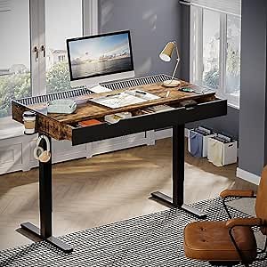 Bestier LED Electric Standing Desk with Double Drawers, 47 Inch Ergonomic Sit Stand Desk with Cup Holder ＆ Hook,Rising Desk for Home Office Workstation,Reversible Grid Brown Top