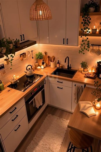 Cozy Small Kitchen with Warm Lighting Setup