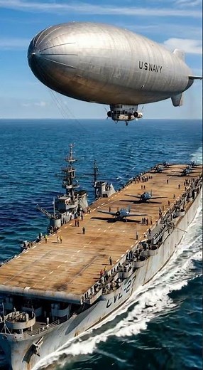 K Class Blimp Patrols Above Light Carrier USS Langley – Amazing 1940s Naval Aviation Photo