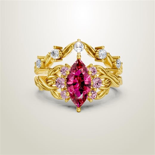 Marquise Ruby Cluster Ring, 18k Gold Vermeil Textured Vine Band, Red Gemstone Jewelry, Nature Inspired Gift for Her, Stackable Ring - Etsy