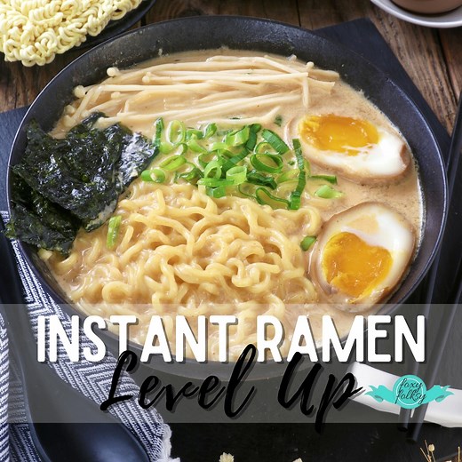 INSTANT RAMEN LEVEL UP Make your ordinary instant ramen into a sumptuous one with this recipe! It's so simple and can be made in a jiffy! Enjoy this restaurant-quality Ramen at the comfort of your home! INGREDIENTS: 1 pack instant beef ramen noodles 2 cups water (or as per package) SOUP BASE: 1 raw egg 2 tablespoon Japanese mayonnaise Soup base powder from the pack Grated garlic 1/4 teaspoon sesame oil, adjust to your liking TOPPING: Green onions, chopped OPTIONAL TOPPINGS: Nori wrapper Mushroom