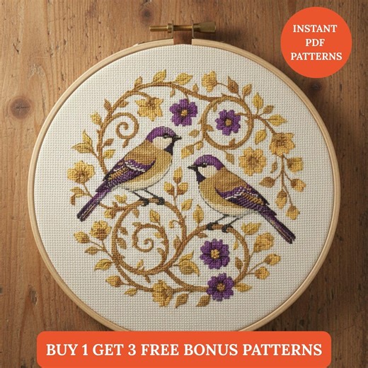 Birds Floral Wreath Cross Stitch Pattern | Purple Songbirds Nature Folk Art Embroidery Digital PDF Chart Punto De Cruz,point De Croix - Etsy