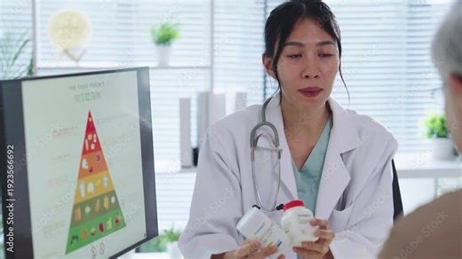 doctor giving food nutrition advice and healthy dieting healthcare recommendations to senior using food pyramid for better dieting and living at the hospital.