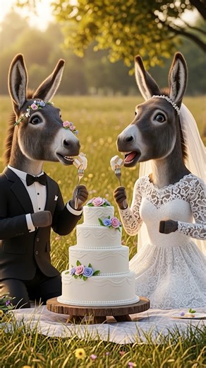 DonkDine on Instagram: "He Ate the Cake… Then It Got Too Funny! 🤣🍰 #aivideo #funny A hilarious wedding moment between donkey bride and groom turns into full-on laughter when the groom "surprises" everyone mid-bite! 😂 Watch till the end and hit LIKE if it cracked you up! #funnyanimals #donkey #weddingcake #animalcomedy #viralreels"