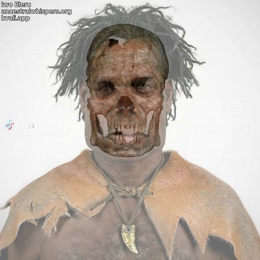 Facial reconstruction of a 11,250-year-old man from Nigeria The Iwo Eleru rock shelter in Nigeria, excavated in 1965, yielded over 500,000 Late Stone Age artifacts and radiocarbon dates ranging from ~15,000 to 9250 BC. A poorly preserved, tightly contracted human skeleton was found in undisturbed layers. The skull is long and low, with moderate brow ridges, a sloping forehead, and relatively flat nasal features. Despite some post-mortem distortion and reconstruction, its overall shape appears re