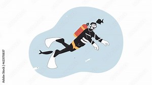 Scuba diving bw cartoon animation. Snorkeler with air tank exploring sealife 4K video motion graphic. Diver swimming with fishes 2D monochrome line animated character isolated on white background