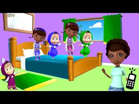 Five Little Masha Doc McStuffins Jumping on the Bed | 5 Little Monkeys Jumping on the bed Rhymes