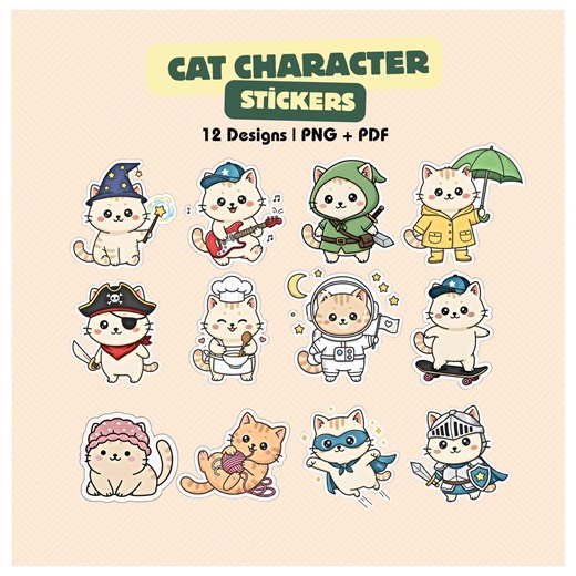 Cat Character Stickers for Planner and Journal Printable Digital Set PNG PDF - Etsy