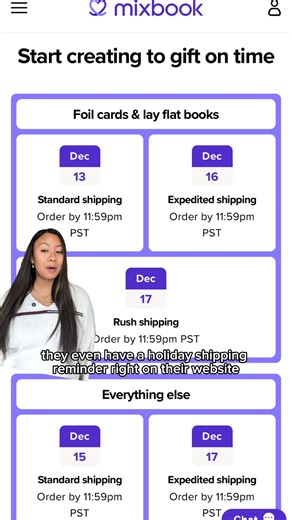 Beautiful holiday gifts, minus the rush. Our Christmas shipping cutoffs start today—create your Mixbook with confidence and peace of mind. ✔️ Foil cards, home décor & layflat books: 🗓️Dec 13 — Standard 🗓️Dec 16 — Expedited 🗓️Dec 17 — Rush Everything else: 🗓️Dec 15 — Standard 🗓️Dec 17 — Expedited 🗓️Dec 18 — Rush Check out mixbook.com/shipping for full details and item-specific timelines. | Mixbook