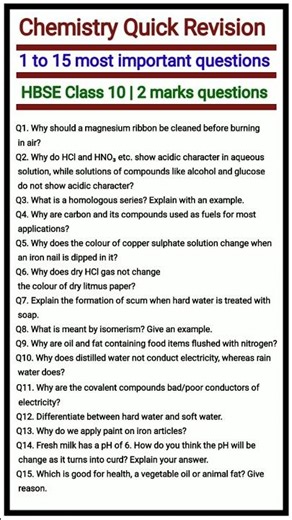 HBSE Class 10 Chemistry 2 Mark Important Questions 2026 | Haryana Board Chemistry Quick Revision