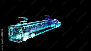 Digital low poly wireframe of futuristic high-speed train. Future logistics, modern technology transport. Abstract 3d blue and purple with connected dots. Digital technology visualization of 3d.
