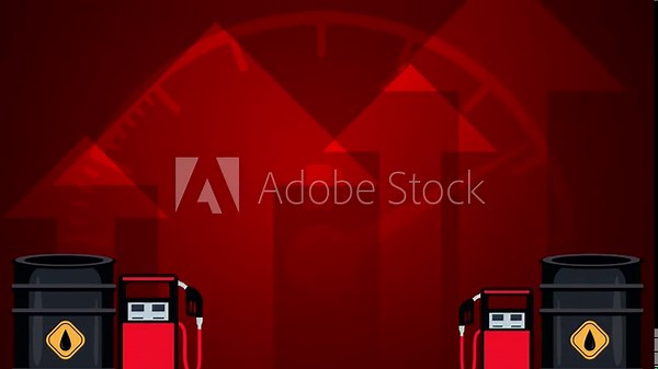 4k animation of rising global oil prices featuring red backgrounds, oil drums, and gas stations for news and advertising.