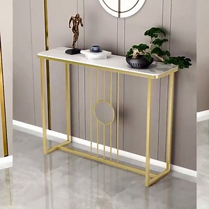 KWOKING Rectangle Glam Console Accent Table Antique Finish Console Table Stone Rock Slab Porch Table Against the Wall Wrought Iron Living Room Home Platform Porch Table White Gold 63"L x 12"W x 31"H