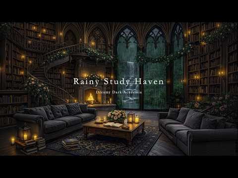 Warm Spring Rain in a Gothic Library Ambience 🌧️ Fireplace & Waterfall | Dark Academia for Study
