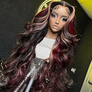 abgese 30 Inch Black Red Blonde Highlight Wig Human Hair Body Wave Lace Front Wigs Human Hair Pre Plucked 180% Density Blonde Red Highlights 13X4 Lace Frontal Glueless Body Wave Colored Wig for Women