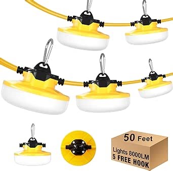 LED Construction String Light 50FT, 65W 8000Lm Industrial LED String Work Lights with 5 Bulbs, 5000K Linkable Work Lights Temporary Lighting for Construction Site, Job Site, Attic, Crawl Space