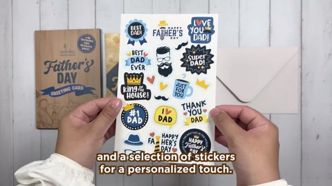 Decorably Laser-Engraved Wooden and Gold Foil 5x8in Handmade Individual Happy Fathers Day Card with Die-Cut Greeting, Envelope and Stickers for Dad, with Printed Message Inside - Gifting, Mailing
