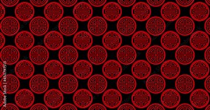 Animation traditional japanese texture. Oriental Traditional geometric red patterns on black screen. Abstract background for Chinese new year. 4k graphic motion