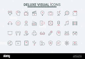 Computer and multimedia device thin black and red line icons set vector illustration. Outline laptop and TV, game controller and headphones, electronic smart gadget to play video and audio media files Stock Vector Image & Art - Alamy