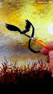 Quick acrylic painting of a Flying Bird in a Misty Sunrise | Oval Brush Art