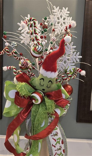Whimsical Christmas Tree Topper: Handmade Green Monster Theme With Holiday Ribbons. - Etsy