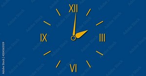 Clock rotation animation, seamless loop. Full 12-hour cycle in 12 seconds. Yellow roman numerals on blue background