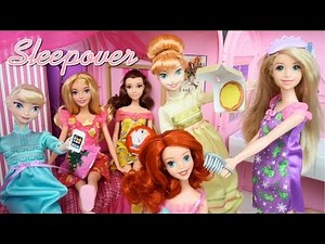 Barbie Princess Pink Bedroom Sleep Over Party with Frozen Elsa Anna Ariel Rapunzel