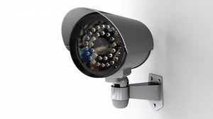 Security CCTV camera on white background rotates and monitoring for crowd, 3d