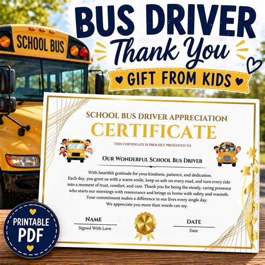 Bus Driver Gift From Kids Printable – Thank You Bus Driver Certificate, End of Year Appreciation Gift From Students, Driver Award - Etsy
