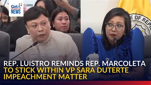 Batangas 2nd District Rep. Gerville Luistro reminded Sagip Party-list Rep. Paolo Marcoleta to confine his manifestation to the ongoing impeachment complaint deliberations against Vice President Sara Duterte, after repeatedly bringing up the House Quad Committee. “If you have concerns about the proceedings of the Quad Committee, perhaps you should address them in other forums, but not in impeachment proceedings,” Luistro said. | GMA News
