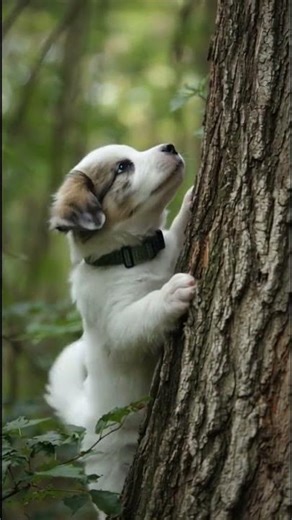 Puppy trying to climb the tree!