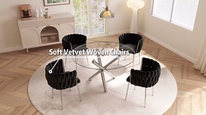 Modern Luxury Round Glass Dining Table Set for 4, 39'' Clear Circle Glass Top Kitchen Set, 5 PCS Small Minimalist Circular Dinner Room Set, Black Woven Chair, for Breakfast Nook (Silver)