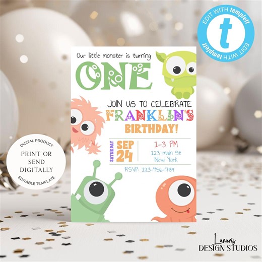 Little Monster First Birthday Invitation | Monster 1st Birthday Invite | Editable Templett Template | Instant Download S007 - Etsy
